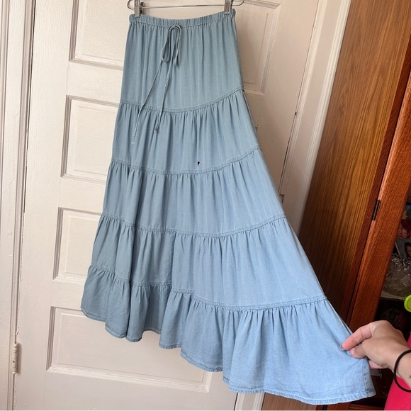 Sky to Moon Tiered Ruffle Maxi Skirt Chambray Graffiti Art Elastic Waist Boho - Picture 9 of 17